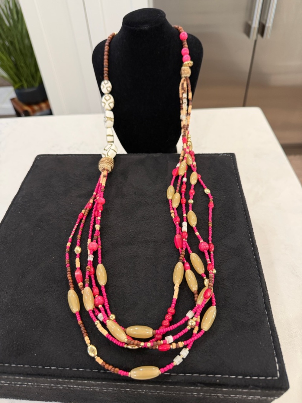 Chico's Pink and Tan Multi-Strand Beaded Necklace
